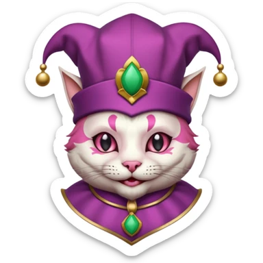 court jester cat medieval, single poker card joker clearly visible, pink, face only, round badge,  court jester cap sticker