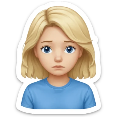 Sad blond girl with light weavy hair with a blue shirt but we can see only her face and neck and the top of the t shirt, no whole body sticker