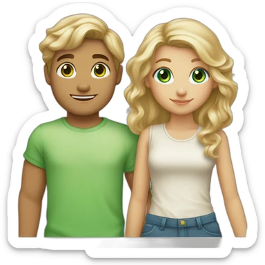 “blonde girl with tan skin and blue eyes” holding hands with “tan boy with long curly brown hair and green eyes” sticker