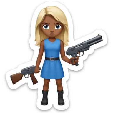 Beautiful  blue eye blonde Long Hair Gangsta girl in a short Dress Looks angry  with a big gun sticker