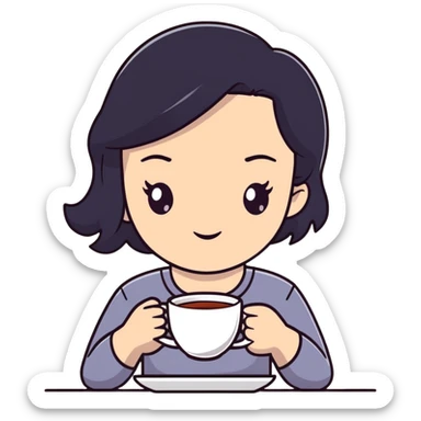 white girl with black hair, self care moment, holding a cup of tea, relaxed sticker