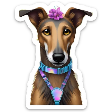  brindle brown black maroon gold lurcher Alsatian fox running blue eyes and iridescent holographic oilslick harness wearing paper iridescent tropical flower crown yellow caution tape sticker