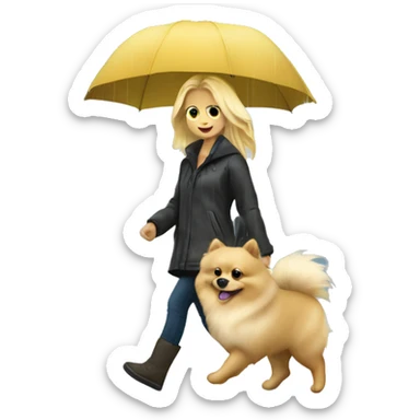 Blonde girl walking pomeranian under the rain sticker