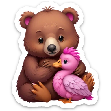 A cute realistic brown bear and a realistic cute pink dodo closely snuggled together sticker