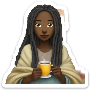 Black girl with long dreadlocks sipping on hot tea with blanket sticker