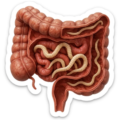 hyperrealistic detailed 3D section of human intestine with tapeworm-like parasites, visible internal structure, realistic colors, 4K, isolated on white background sticker