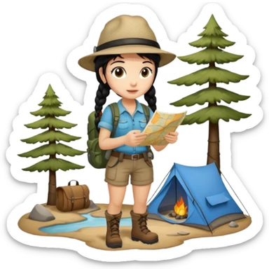 A braid black hair backpacking woman checking her map with curious eyes while walking wear camping hat and dirt covered boots full body sticker