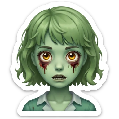 zombie girl with short wavy hair and bangs, greenish skin sticker