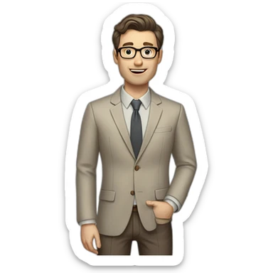 Full height Gesticulating Pale skinned fit man with dark brown hair in gray jacket, beige office shirt, brown tie, brown pants and vintage glasses. sticker
