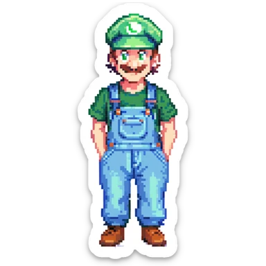 Luigi pixel art style, classic green hat and blue overalls, cheerful expression sticker