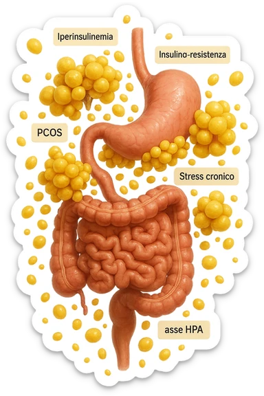 STOMACO E INTESTINO SONO VERTICALMENTE COLLEGATI E INTORNO A QUESTI ORGANI CI SONO CELLULE DI GRASSO GIALLE ATTACCATE SOPRA A GRAPPOLI, intorno fluttuano cellule di grasso giallo e alcune targhette con queste parole "Iperinsulinemia", "insulino-resistenza", "PCOS", "Stress cronico", "asse HPA", IPERREALISTICO 4K sticker