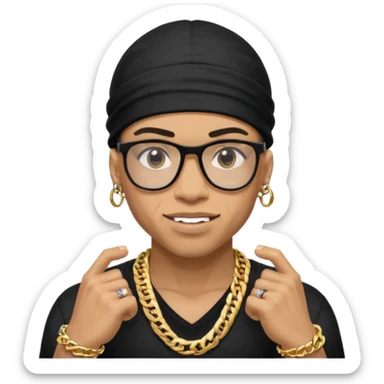 lightskin man with a black durag,a cuban link chain,glasses, and flexing grillz sticker