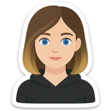 designer girl with blue eyes, shoulder-length brown hair with blonde highlights, wearing a black hoodie sticker