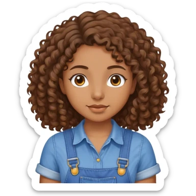 garota parda com cabelos cabelos cacheados castanhos na altura do ombro, olhos castanhos e camisa azul com jardineira  sticker