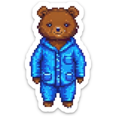 bear in blue pajamas, pixel art style sticker