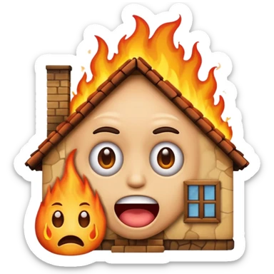 Create a comically crazy looking emoji that looks lost and confused. Have it related to emotional damage for theme with a house burning in background sticker