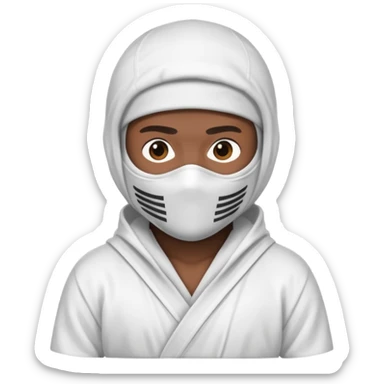 All white ninja robe with no black with white ski mask to cover face and neck with a hoodie on and dark brown skin color sticker