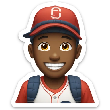 smiling boy in baseball cap and gap teeth sticker