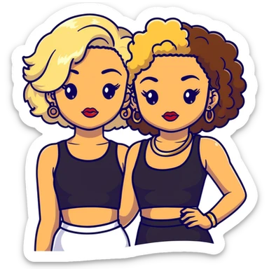Two teenage girls together, one white with blonde hair and one brown-skinned with curly dark hair, both with heavy makeup, big lips, crop tops, gold jewelry and flashy choni style outfits sticker