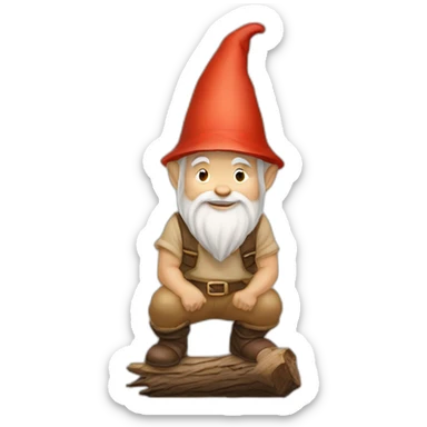 side view of gnome with light tan pants squatting on top of small brown log sticker