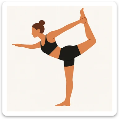 Minimalist flat vector illustration of a woman doing yoga in forward fold pose (Standing Bow Pulling), wearing sportswear (black top and black shorts), brown hair in a bun, clean white background, no face details, elegant style sticker