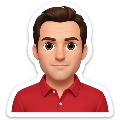 Kevin Miles as Jake from State Farm with brown eyes, dark brown hair, red shirt sticker