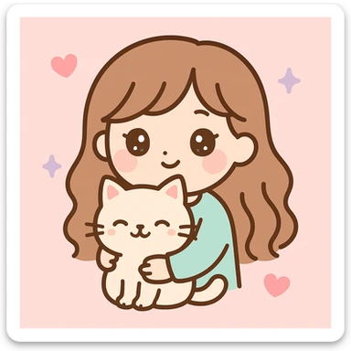 a girl with long wavy brown hair and brown eyes holding a cat, friendly and appealing style sticker