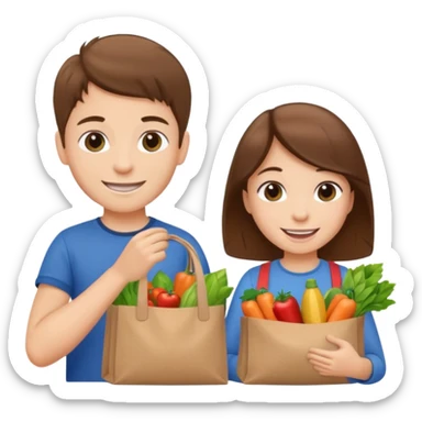 caucasian kids putting groceries in bags smiling brown hair sticker