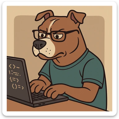 cartoon pit-bull, upright posture, typing code, glasses, focused sticker