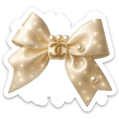 Add sparkling effects to the elegant bow with pearls and gold Chanel logo, glossy, soft lighting, realistic style, with a solid white background. The image should have a clean and solid white background to highlight the sparkling and glossy details with soft lighting effects. sticker