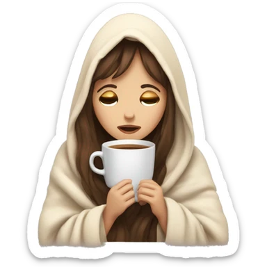 girl inside a blanket sipping coffee eyes closed white skin, brown hair and bangs sticker