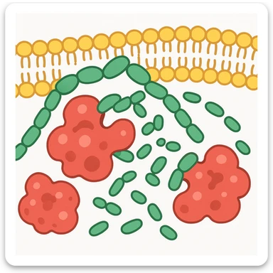 Ultra-detailed scientific illustration of enzyme digestion: Red amylase molecules (3D, globular protein structure) breaking down green starch polymers (chain of glucose units) into maltose near a yellow phospholipid bilayer membrane. Macro molecular view, clean white background, no text, no human figures or cartoon characters. Purely biological focus. sticker