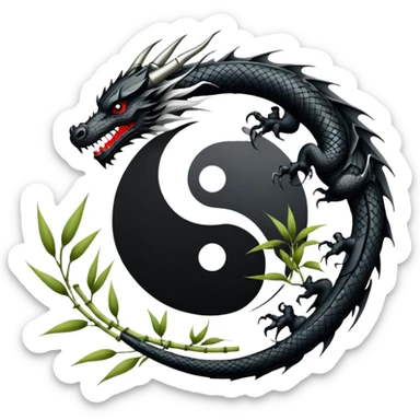An icon symbolizing Eastern martial arts in the style of an emblem, featuring a black-and-white Yin-Yang symbol and a dragon at the center, surrounded by elements like a dojo. Transparent background highlights balance and power. sticker