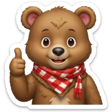 a cute bear smiling and giving thumbs up, wearing red Checkered Triangle scarf sticker
