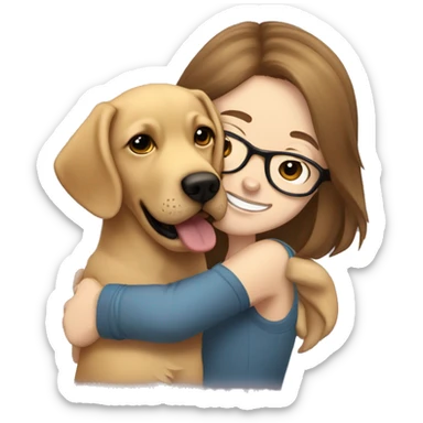Golden Labrador retriever cuddles with a girl with brown hair, glasses and a nose piercing sticker