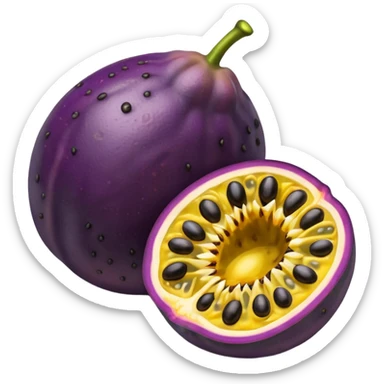 whole round purple passion fruit with slightly wrinkled matte skin next to a halved piece exposing vibrant yellow pulp filled with glossy black seeds juicy jelly-like texture bold contrast between rind and interior no leaf spoon or extras soft lighting subtle shadows emoji scale sticker