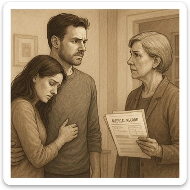 The couple standing together, the man facing his mother-in-law with a calm but firm expression, his wife leaning on him for support, medical documents visible, home interior. sticker