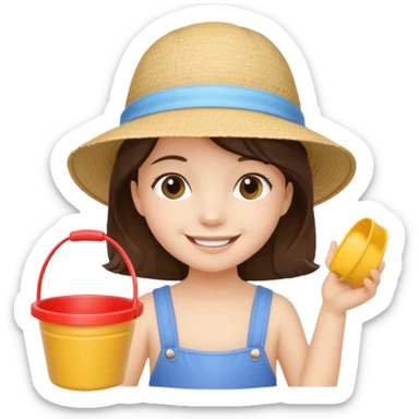 brunet kid girl with toy sand bucket wear sun hat sticker