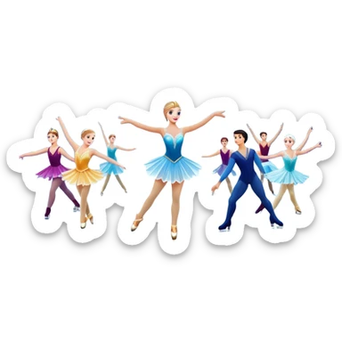 An icon of a theatrical ice show with close-up costumed figure skaters performing a dramatic scene on a glowing ice stage. Spotlights, colorful scenery, and a cheering audience in a grand arena convey the magic and artistry of the ice performance. Transparent background included. sticker