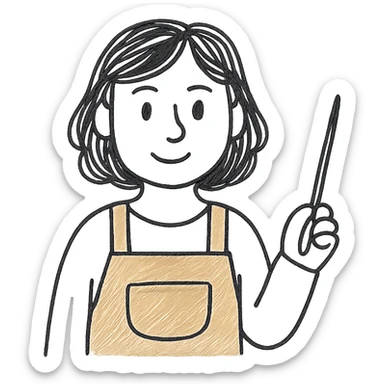 teacher with medium brown hair and brown eyes, wearing a mustard-colored apron, hand-drawn style sticker