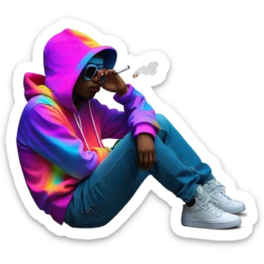 Multicoloured neon person smoking wearing hoodie dancing hip hop bucket hat tropical Skater fashion aesthetic baggy clothes graphic t shirt 420 sticker