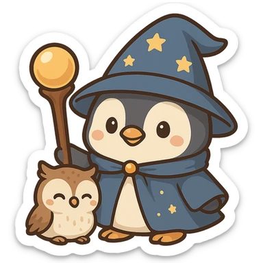 Add a cute pet owl next to the penguin wizard, keeping the whimsical chibi sticker style, with no background. sticker