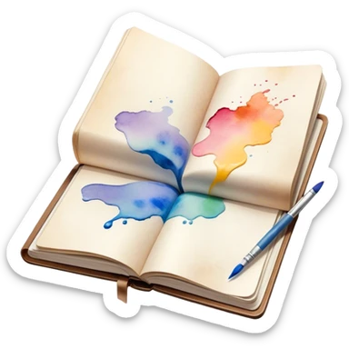 Cinematic Realistic image of an open sketchbook accompanied by a set of translucent watercolors, with delicate pigment stains and soft, flowing brushstrokes, captured under gentle, diffused lighting that highlights creative fluidity sticker