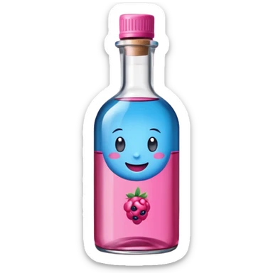 Smiling bottle of oil blue top pink outside with logo that says berry oil sticker