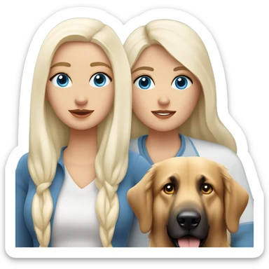 Blue eyed woman with long straight white hair with a German shepherd with a crooked ear and a golden retriever  sticker