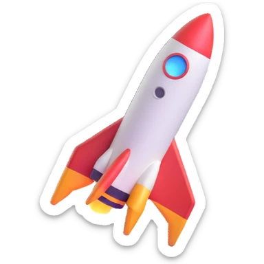 Space rocket, three-dimensional, in a cartoon style, on a white background, bright colors, with a perspective composition, high saturation, prominent details, floating effect, lively atmosphere sticker