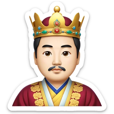 Cinematic Realistic King Sejong Portrait Emoji, depicted as a wise benevolent monarch in traditional Korean royal attire with a thoughtful gaze, rendered with intricate textures and regal soft lighting that captures his historical significance. sticker