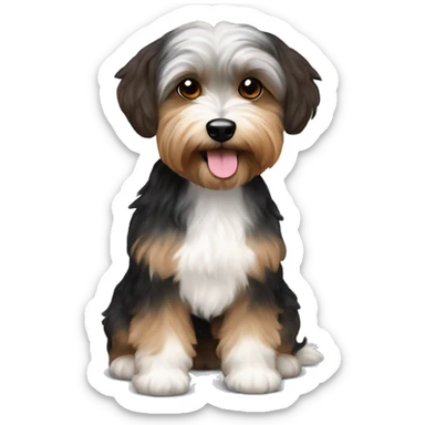Yorkipoo with black and brown hair and white chest sticker