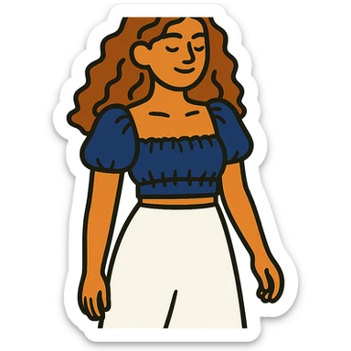 tan girl with wavy hair, white long skirt, navy blue ruched square neck crop top sticker