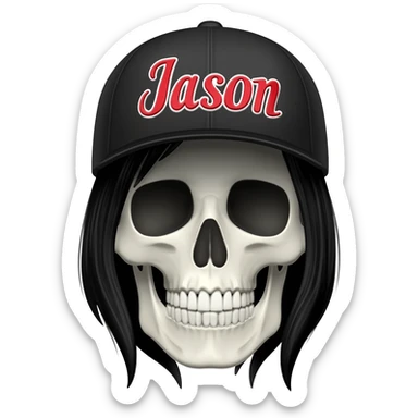 Create a skeleton head wearing a black baseball cap that says " Jason " in red, and white lettering, with black hair sticker